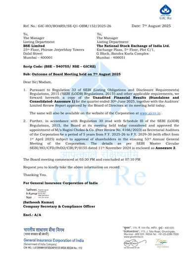 Miniature General Insurance Corporation of India
 Rapport trimestriel 2025-q1