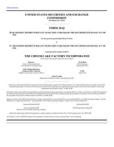 Thumbnail The Cheesecake Factory
 Quarterly Report 2016-q1