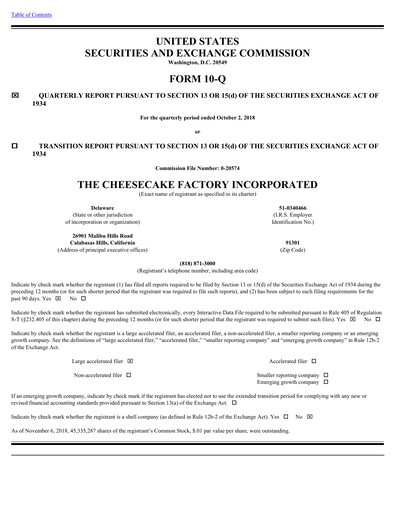 Thumbnail The Cheesecake Factory
 Quarterly Report 2018-q3