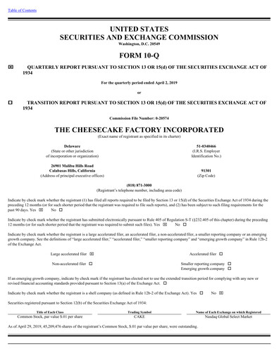 Thumbnail The Cheesecake Factory
 Quarterly Report 2019-q1