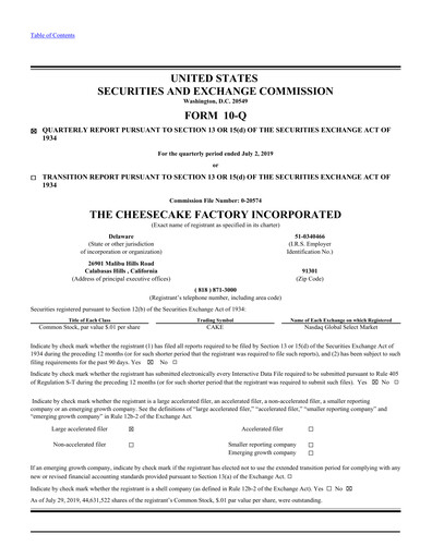 Thumbnail The Cheesecake Factory
 Quarterly Report 2019-q2