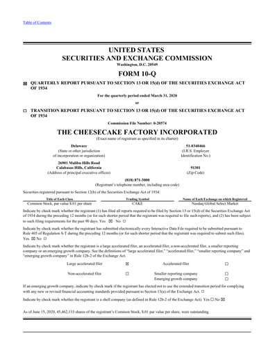 Thumbnail The Cheesecake Factory
 Quarterly Report 2020-q1