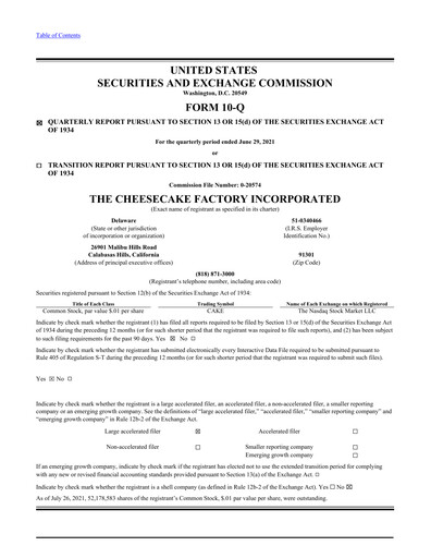 Thumbnail The Cheesecake Factory
 Quarterly Report 2021-q2