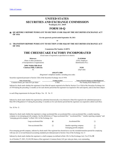 Thumbnail The Cheesecake Factory
 Quarterly Report 2021-q3