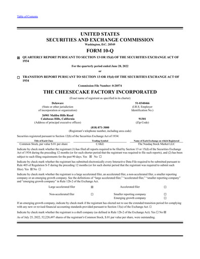 Thumbnail The Cheesecake Factory
 Quarterly Report 2022-q2