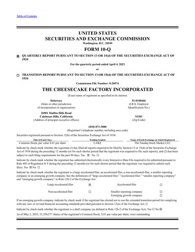 Thumbnail The Cheesecake Factory
 Quarterly Report 2023-q1