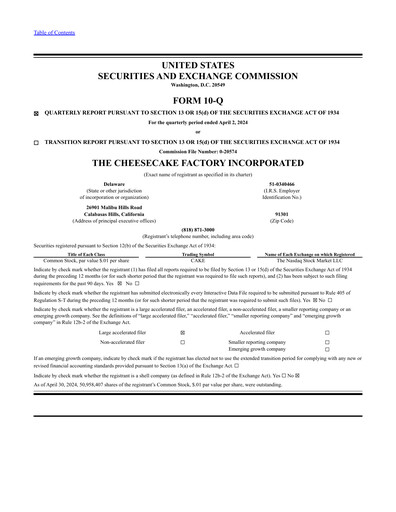 Thumbnail The Cheesecake Factory
 Quarterly Report 2024-q1