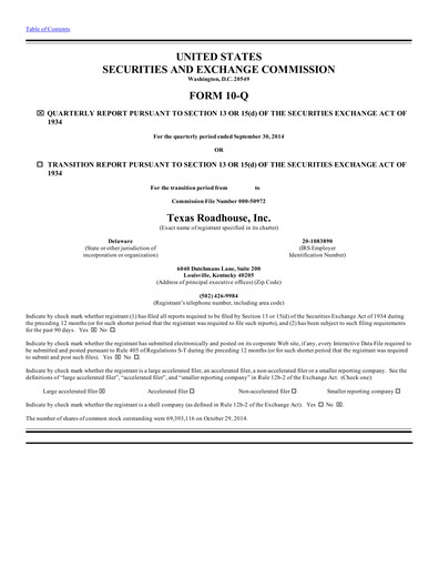 Thumbnail Texas Roadhouse
 Quarterly Report 2014-q3
