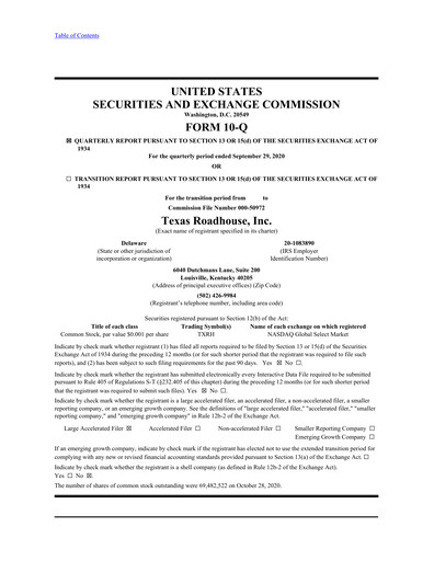 Thumbnail Texas Roadhouse
 Quarterly Report 2020-q3