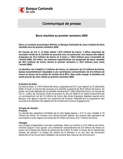 Thumbnail Banque Cantonale du Jura Half-year Report 2009-h1