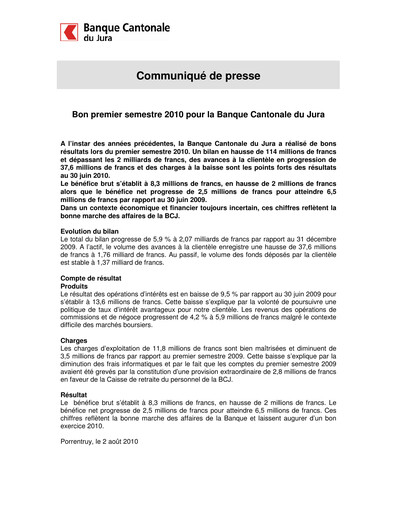 Thumbnail Banque Cantonale du Jura Half-year Report 2010-h1