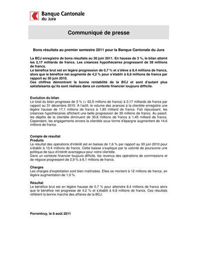 Thumbnail Banque Cantonale du Jura Half-year Report 2011-h1