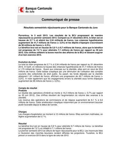 Thumbnail Banque Cantonale du Jura Half-year Report 2013-h1