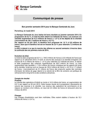 Thumbnail Banque Cantonale du Jura Half-year Report 2014-h1