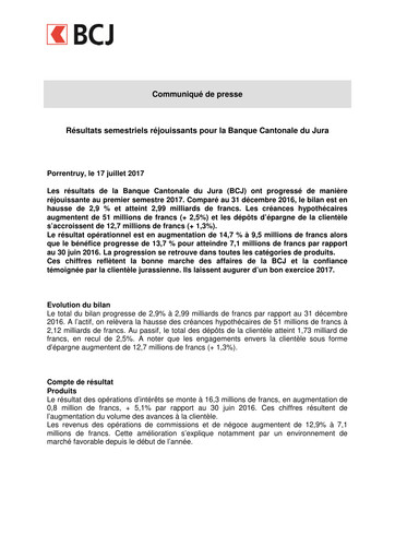 Thumbnail Banque Cantonale du Jura Half-year Report 2017-h1