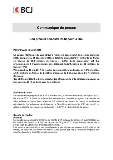 Thumbnail Banque Cantonale du Jura Half-year Report 2018-h1