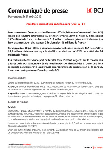 Thumbnail Banque Cantonale du Jura Half-year Report 2019-h1