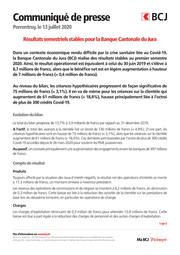Thumbnail Banque Cantonale du Jura Half-year Report 2020-h1