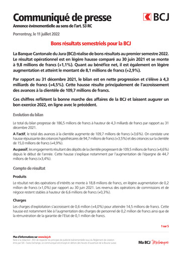 Thumbnail Banque Cantonale du Jura Half-year Report 2022-h1