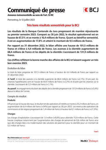 Thumbnail Banque Cantonale du Jura Half-year Report 2023-h1