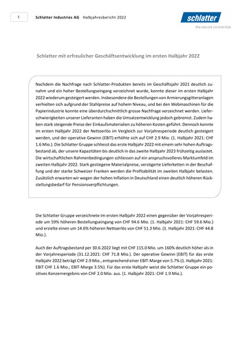 Thumbnail Schlatter Industries AG Half-year Report 2022-h1