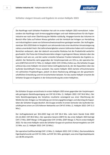 Thumbnail Schlatter Industries AG Half-year Report 2023-h1