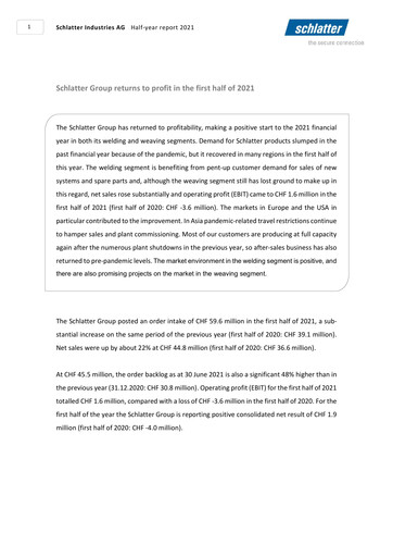 Thumbnail Schlatter Industries AG Half-year Report 2021-h1