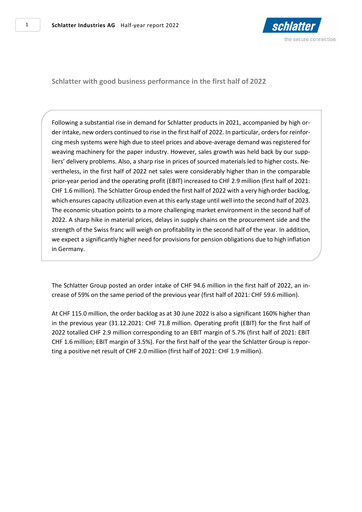Thumbnail Schlatter Industries AG Half-year Report 2022-h1