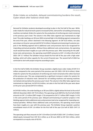 Thumbnail Schlatter Industries AG Half-year Report 2024-h1