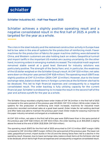 Thumbnail Schlatter Industries AG Half-year Report 2025-h1