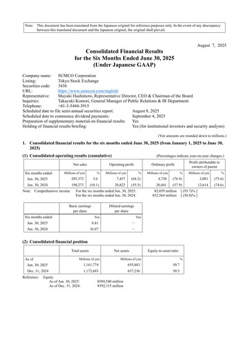 Thumbnail Sumco Corporation Half-year Report 2025-h1