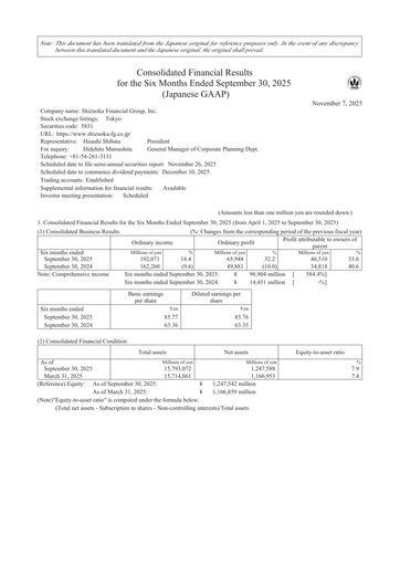 Miniature Shizuoka Financial Group Rapport semestriel 2025-h1