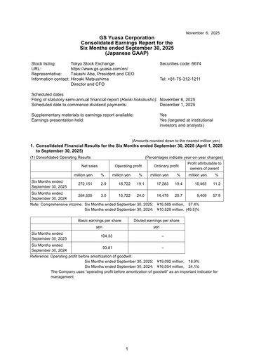 Thumbnail GS Yuasa Corporation Half-year Report 2026-h1