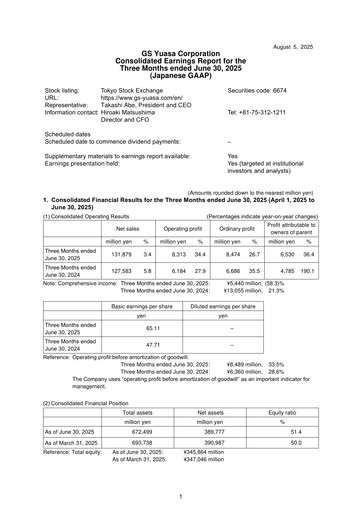 Thumbnail GS Yuasa Corporation Quarterly Report 2026-q1