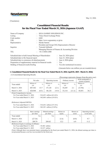 Thumbnail Sega Sammy Holdings Financial Report 2026