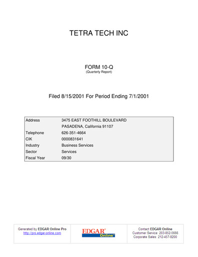 Thumbnail Tetra Tech
 Quarterly Report 2001-q3