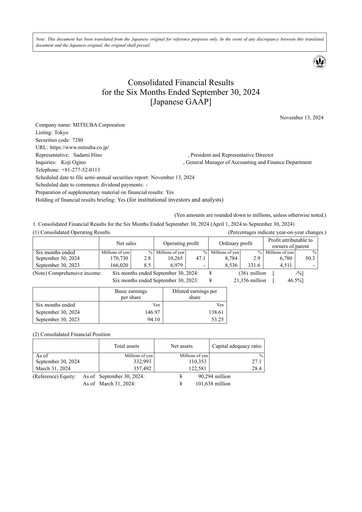 Thumbnail Mitsuba Corporation Half-year Report 2024-h1