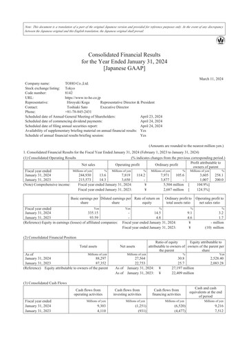 Thumbnail Toho Co., Ltd. Financial Statement 2024